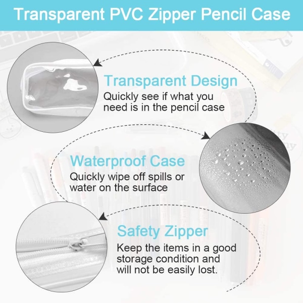 Sett med 4 gjennomsiktige PVC-pennal med glidelås, vanntett, gjennomsiktig pennal med glidelås, klar kosmetikkveske for barn, voksne og skoler