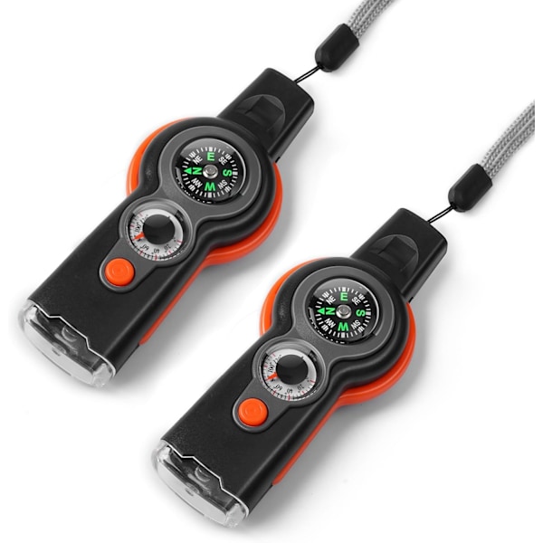 Nöd visselpipa, 7 i 1, Multifunktionell kompass, Multiverktyg säkerhetsvisselpipa (orange) 2 Pieces