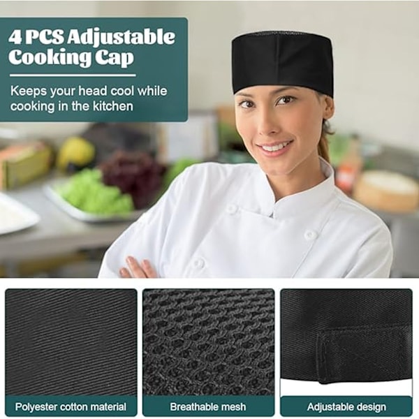 (Musta) 4 KPL Säädettävä Kokkihattu Hengittävä Verkkopäällinen Pääkallolakki Ammattikokkien Hattu Litteä Kokki Pipolaki Unisex Ha