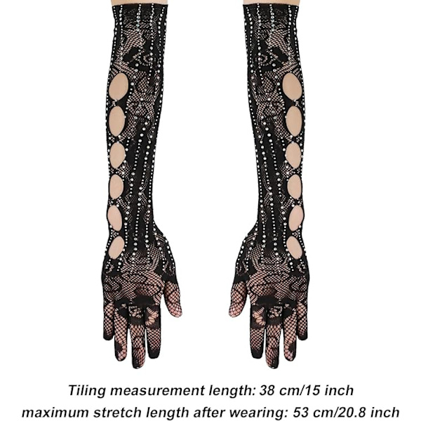 Par med svarte hansker med diamantrosett, 40 cm lange med rosetrykk