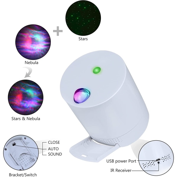 White Star-projektor, Galaxy Light med fjernkontroll, Nebula f
