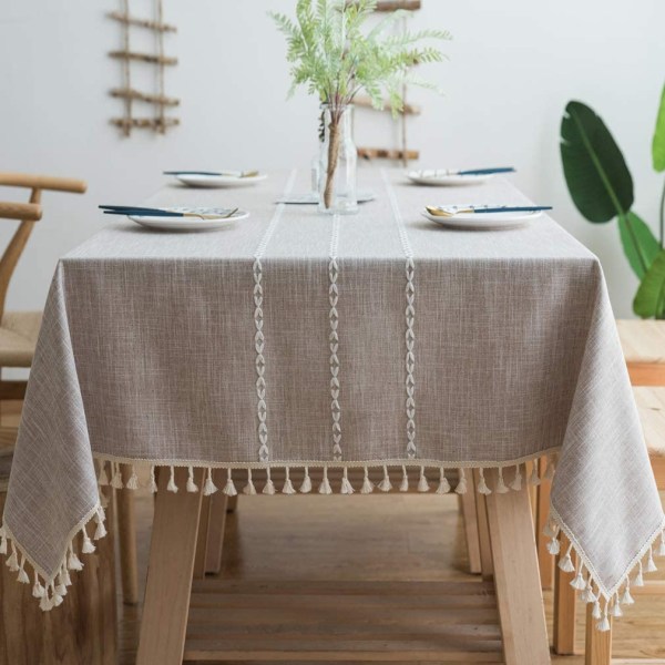 Brown - Square Tablecloth Cotton and linen tablecloth with fring