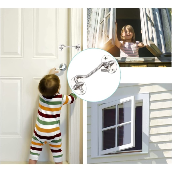 2 stugkrokar, dörrlås krok, silver rostfritt stål dörrkrok lås, med monteringsskruvar, för fönster, ladugårdsdörr, skjul dörr, garage dörr (7,5 cm)
