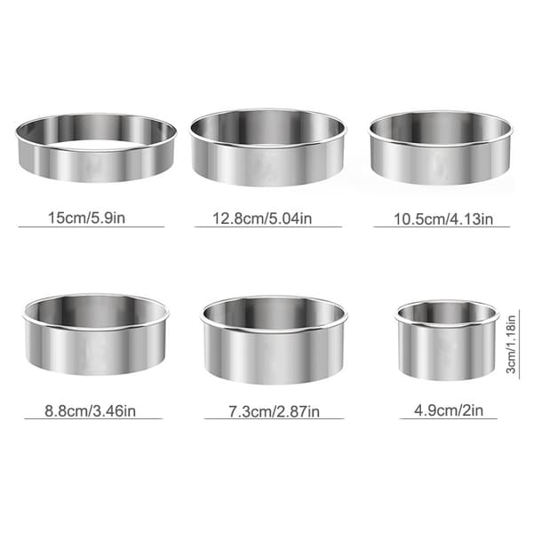 6 stk. runde småkageudstikkere (2, 3, 3,5, 4, 5, 6 tommer), rustfrit stål