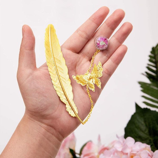 Bokmärke, guld metall fjäder bokmärken med 3D Butterfly och Ete