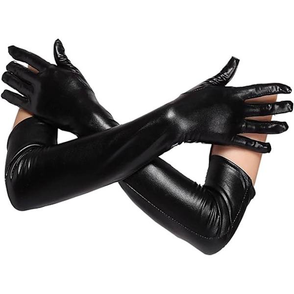 Sorte Sexede Lange Kunstlæderhandsker, Albue Lange Våde Latex Sexede