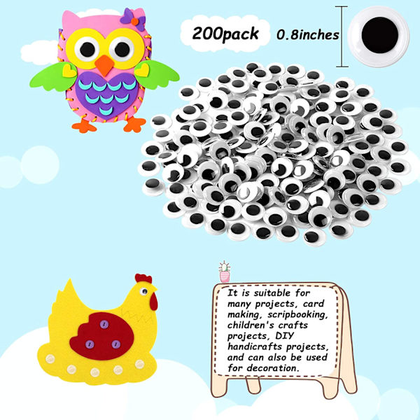 200 stk. (20 mm) Wiggle Eyes Selvhæftende Sort Hvid Googly E