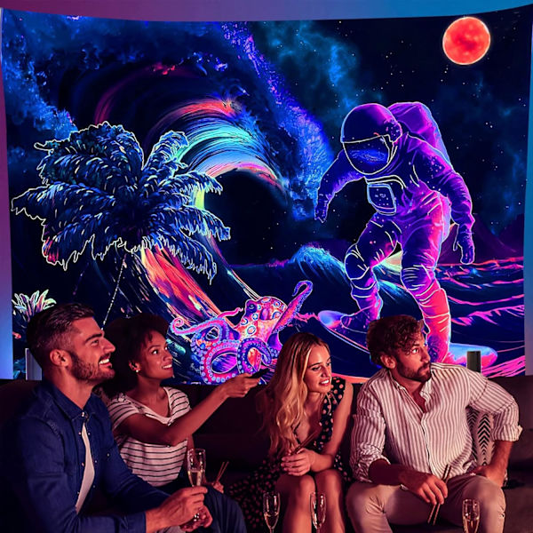Svart ljus astronaut gobeläng 150X100CM rymdväxter bläckfisk estetisk gobeläng neon väggkonst affischer UV-reaktiv trippy gobelänger för inredning