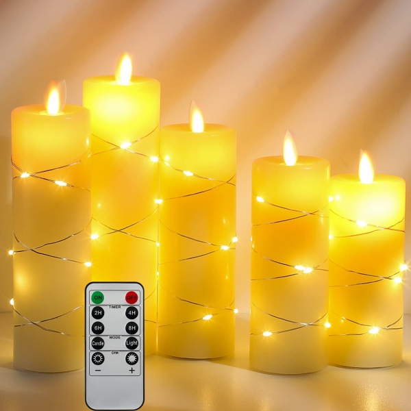 LED-kynttilä, paristokynttilä upotetulla merkkijonolla, 5 kpl