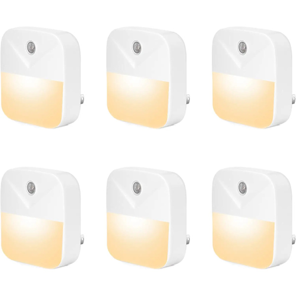 6 stk. natlys med stik, hvide LED-natlys med smart skumringssensor