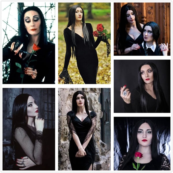 Svart Morticia Addams Parykk Svart Parykk for Morticia Kostyme Kvinner S