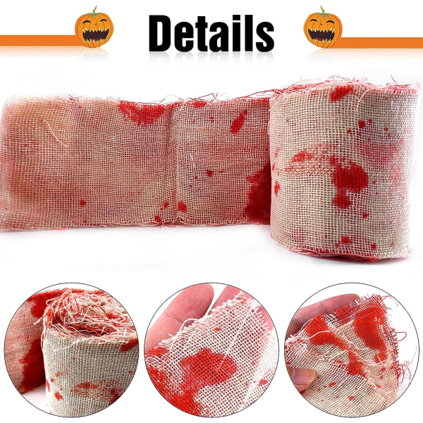 Halloween skrekkbåndpakke, 1 stk blodig spøkelseshus gasbind Creepy Scary Fabric Drape Cloth Room Window Wall Door Cover, Bloody Clings and Caution Tapes（8CM*10M）