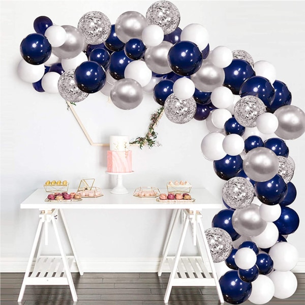 Marinblå födelsedagsballong, silverkonfettiballong, blå vit B
