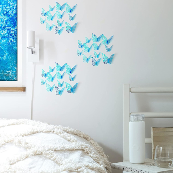 (Regnbue Blå) 24PCS 3D Sommerfugl Ornamenter Dekorative Levende Fjernstickers med 3 Forskjellige Størrelser