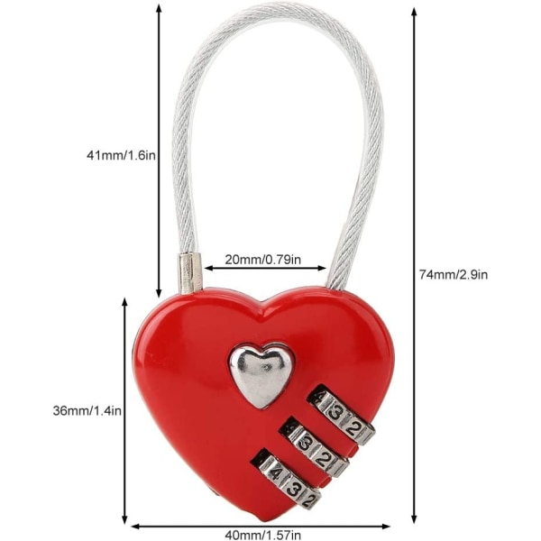 Hjerteformet hengelås (rød), mini 3-sifret kodelås, med Love He
