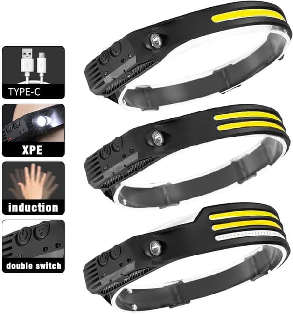 Sensor Hodelykt COB LED Hodelykt Lommelykt USB Oppladbar Hodelykt 5 Lysmoduser Hodelampe (COB Hvit+Hvit)