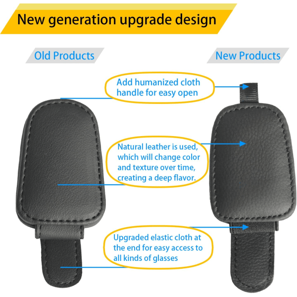 2 Pakker (Sort) Solbrilholdere til Bilsolskærm - Magnetisk Læder