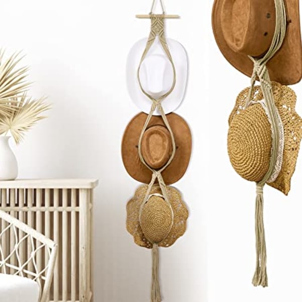 (Beige, Three Hats Style)Macrame Hat Hangers Hat Holder for Wall