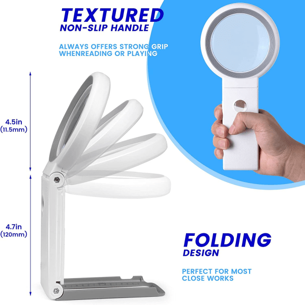 30X 10X förstoringsglas med ljus och stativ, hopfällbar handhållen förstoringsglas