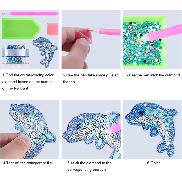 5 deler 5D DIY Dolphin Diamond Painting nøkkelringer, Rhinestone D