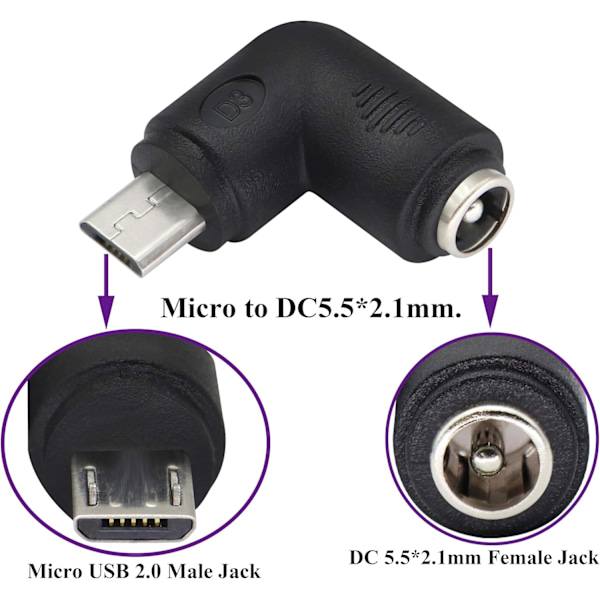 (2-pak-Mikro) 90 Grader DC5.5x2.1mm til Micro USB 5V DC Strømkabel til Telefon, Tablet
