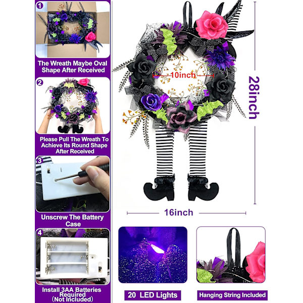 16 x 28 tum Förbelyst Halloween Häxben Krans för Dörren