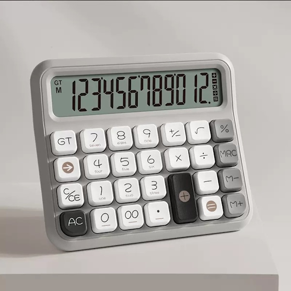Grå, mekanisk tastatur lommeregner, 12-cifret stort LCD-display og knapper, velegnet til daglig brug og grundlæggende kontor