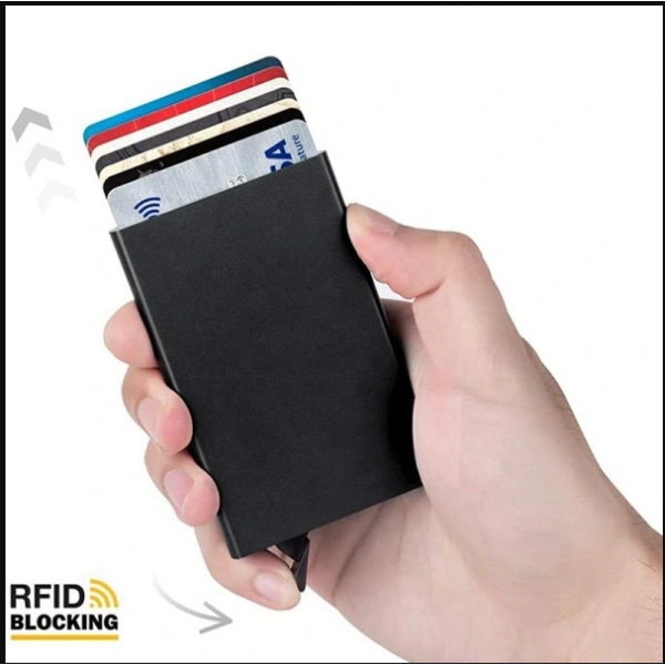 Sort kortholder med RFID-beskyttelse, aluminiumsrom, oppfylt