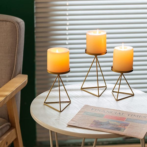 Metalljusstakar - Set med 3 guldjusstakar, modern geom