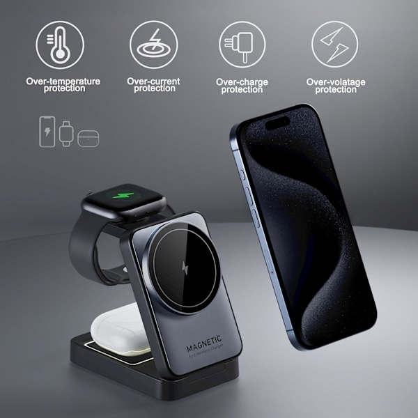 Vikbar 3-i-1 Laddstation för Apple, 15W Snabb Magnetisk Portabel Trådlös Laddare, Vikbar Trådlös Reseladdare