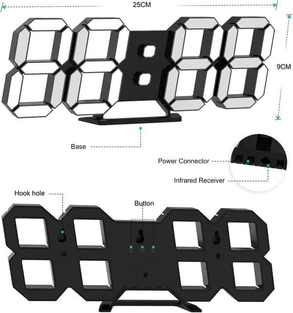 Svart 3D LED digital väggklocka stor lysande väckarklocka ljud