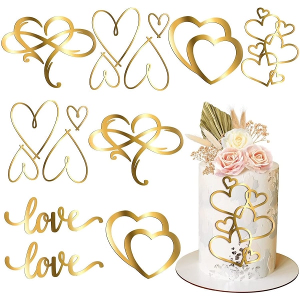 5 stykker kage topper, guld akryl hjerte, kage dekoration, bryllup