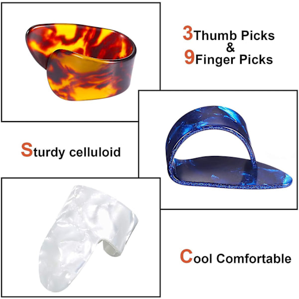 Tumgrepp Fingerpicks, Medium, Vinklad Platt, Celluloid Gitarr Fingerpicks (12-pack