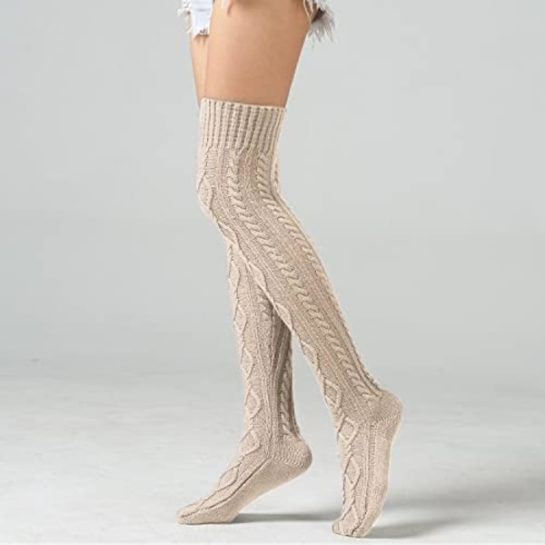 Lange strikkede sokker for kvinner - Beige,Vintervarme lårhøye sokker,Wi  1093 | Fyndiq