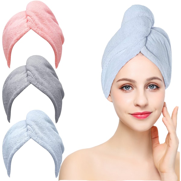 (Rose,Bleu , Gris)Serviette pour cheveux, 3pcs Serviette de séchage pour cheveux