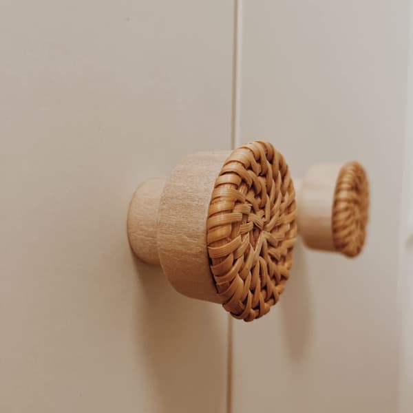 6 Boho Rattan Knobs för byrå, lådor, skåp; Handgjorda