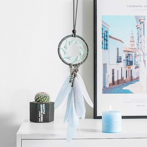 Drömfångare Handemade Dreamcatcher Grå Fjäder Vägghängning