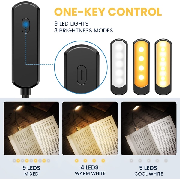 Leselys, 9 LED-leselys Clip Lamp USB oppladbar, 3