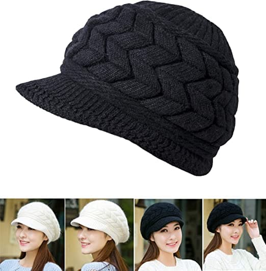 Sæt med 2 sorte og beige vinterhatte til kvinder i strik med slouchy beanie