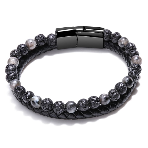 Vulkansten i læder 21cm Originalt Armbånd til Mænd Lavet af 6mm Naturstensperler og Ægte Læder Med Aftagelig