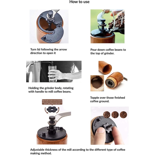 Manuell träkaffekvarn med gjutjärnsgrader, stor kapacitet