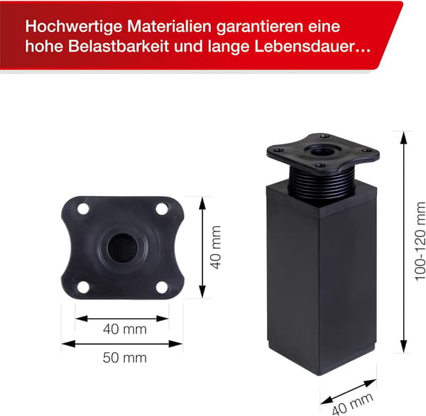 Svart - Set med 4 justerbara rektangulära möbelben - 40 x 40