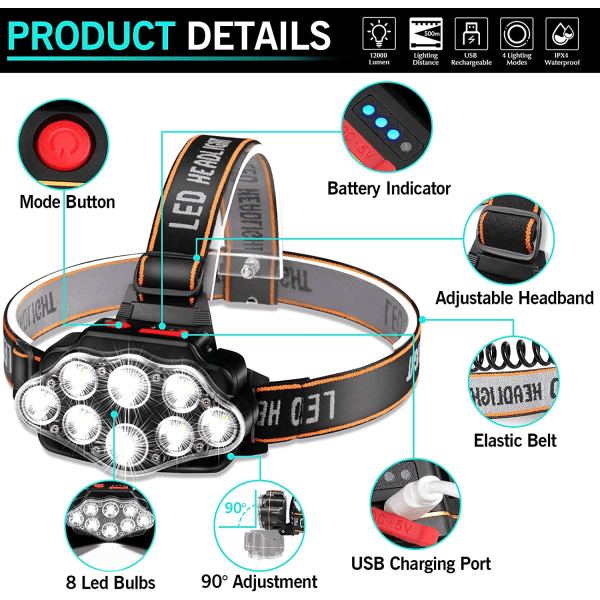 LED-hodelykt, superlys 8 LED-hodelykt USB-oppladbar