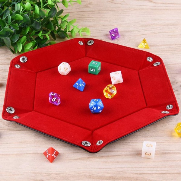 Tärningsbricka i läder (Burgundy), hopfällbar hexagon PU-läder och himmelsblå sammets tärningshållare för Dungeons and Dragons RPG D&D tärningsspel och andra brädspel