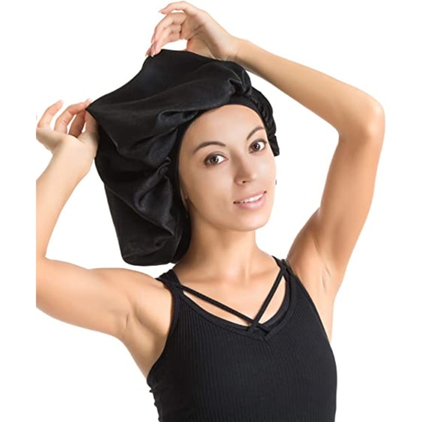 Stor sateng silkebonnet sovehette – (svart) luksuriøst stoff, prem
