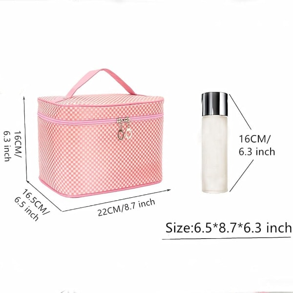 Stor toalettväska för kvinnor och flickor (rosa pläd), dragkedja