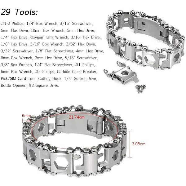 29 i 1 Multi-Tool Armbånd Shiny Silver Armbånd Rustfrit Stål