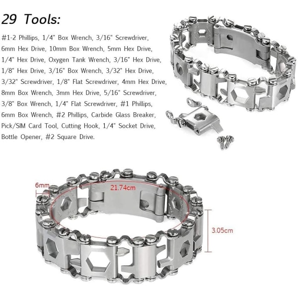 29 i 1 multi-verktøy armbånd skinnende sølv armbånd rustfritt stål