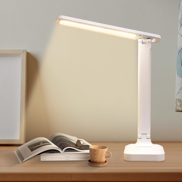 Skrivebordslampe, LED-bordlampe, sammenklappelig 3 farvebelysningsniveauer, USB