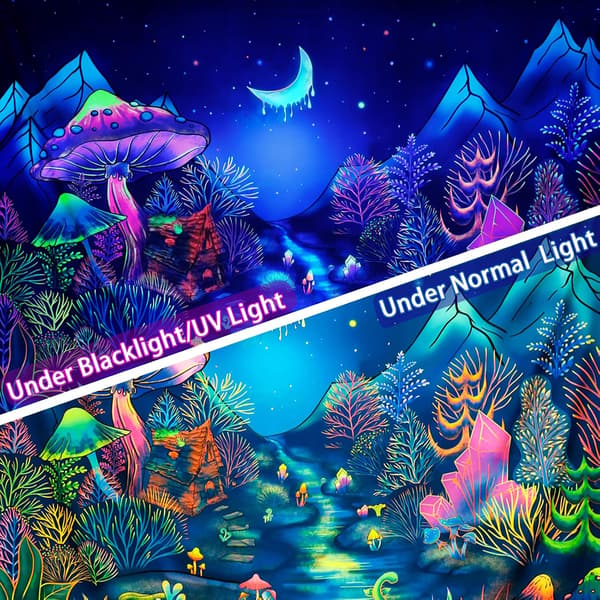 Blacklight Forest Trees Tapestry UV Reactive Mushroom Tapest